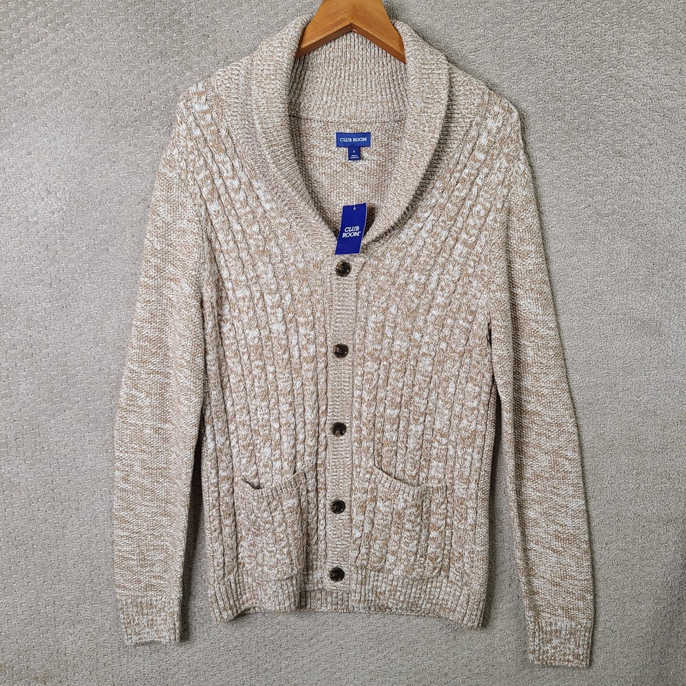Club Room Sweater Mens Small Moca Chunky Cardigan Shawl Neck Cotton Casual NEW